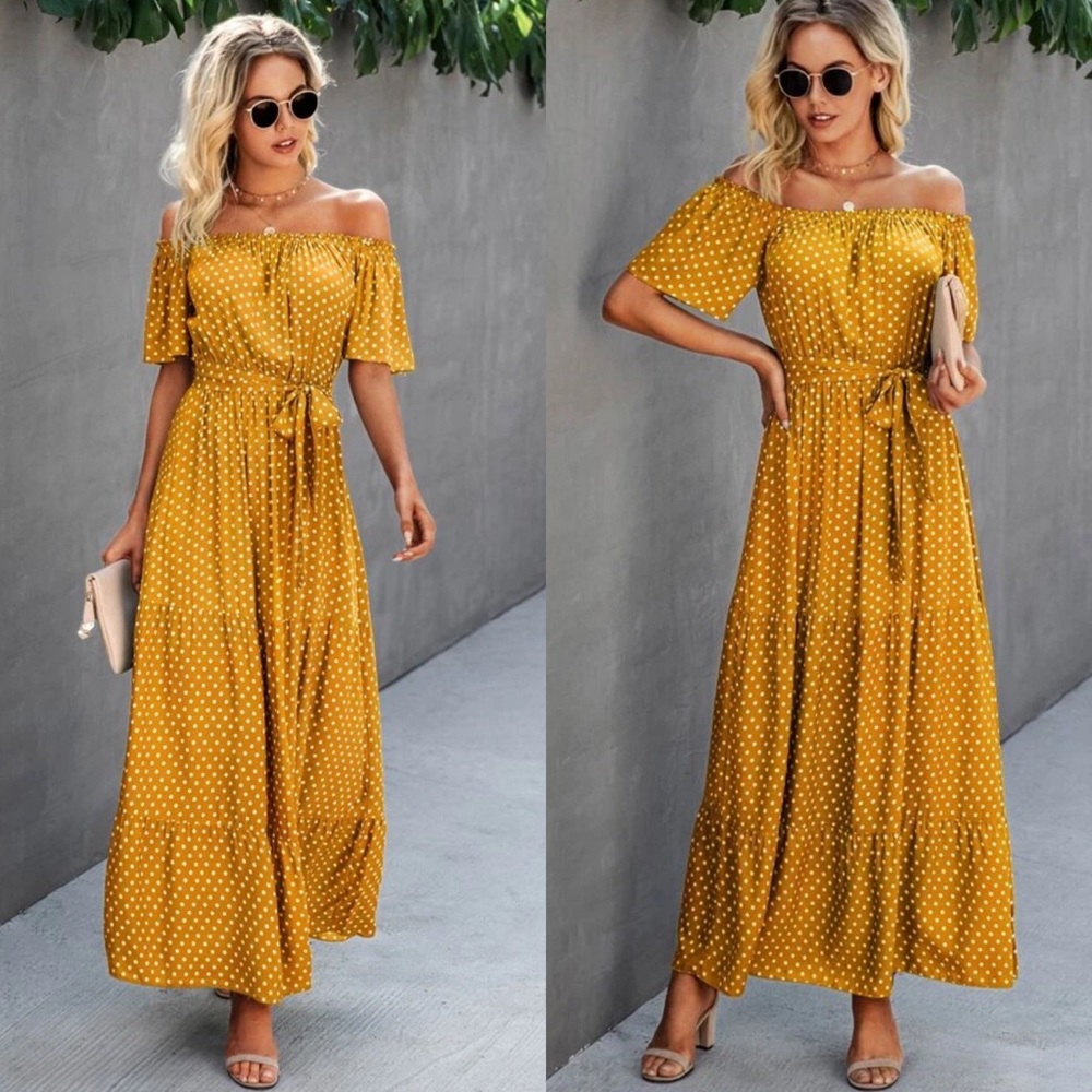 Polka dot off shoulder mustard maxi dress